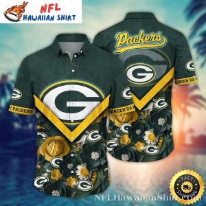 Bold Emblem Green Bay Packers Hawaiian Shirt With Golden Blooms