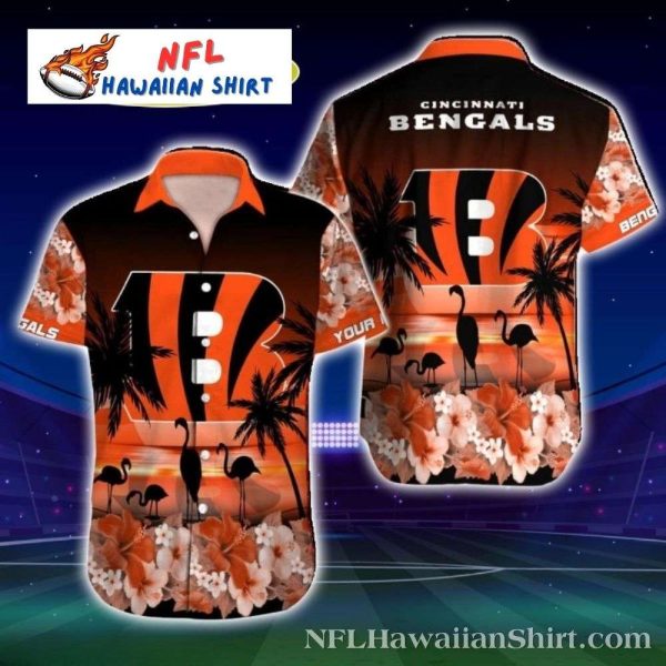 Floral Flamingo And Bengals Logo Orange Hawaiian Shirt