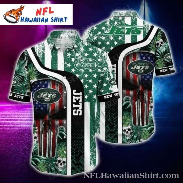 New York Jets Logo Print Hawaiian Shirt – Skull And American Flag Edition