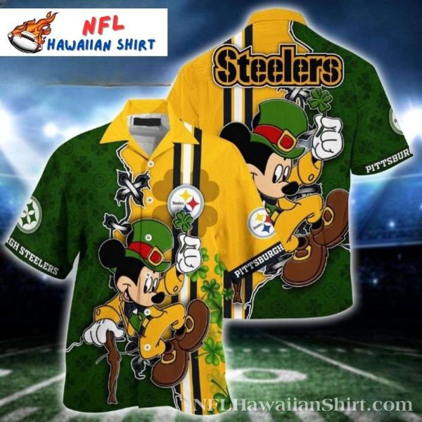 Pittsburgh Steelers Mickey Lucky Charm Green And Gold Hawaiian Shirt