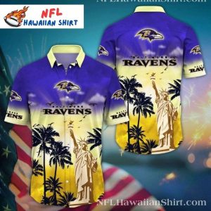 Ravens Statue Of Liberty Sunset Hawaiian Shirt – Patriotic Fan Salute