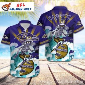 Skeleton Surf – Unique Baltimore Ravens Hawaiian Shirt With Skeleton Graphic