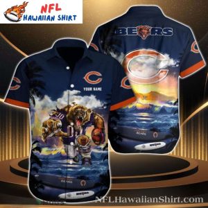 Sunset Football And Bear Mascot – Custom Name Chicago Bears Tropical Shirt