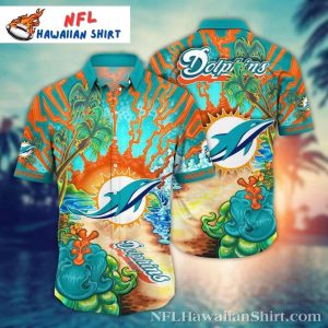 Sunset Swell – Miami Dolphins Hawaiian Shirt With Fiery Palm Print – Tropical Game Day