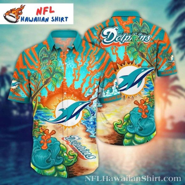 Sunset Swell – Miami Dolphins Hawaiian Shirt With Fiery Palm Print – Tropical Game Day